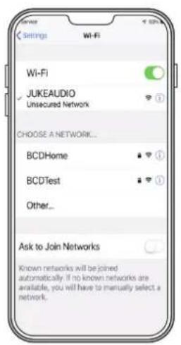 Settings Wi-Fi Wi-Fi JUKEAUDIO Unsecured Network CHOOSE A NETWORK... BCDHome BCDTest Other... Ask to Join Networks Known networks will be joined automatically. If no known networks are available, you will have to manually select a network.
