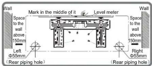 Wall Space to the wall above 150mm Mark in the middle of it Level meter Wall Space to the wall above 150mm Left Φ55mm (Rear piping hole) Right Φ55mm (Rear piping hole)