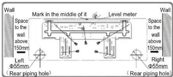 Wall Space to the wall above 150mm Left Φ55mm (Rear piping hole) Mark in the middle of it Level meter Wall Space to the wall above 150mm Right Φ55mm (Rear piping hole)