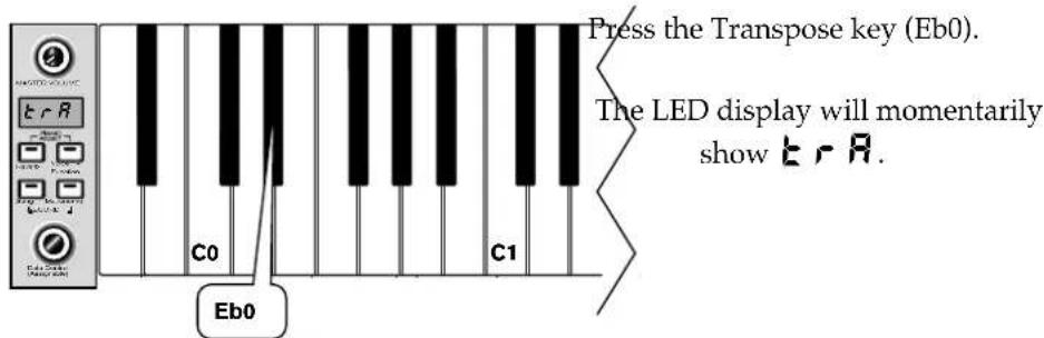 Press the Transpose key (Eb0). The LED display will momentarily show Eb0. C0 C1