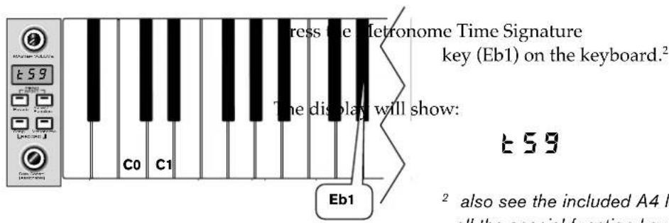 t59 C0 C1 Ee1 Press the Metronome Time Signature key (Eb1) on the keyboard.² The display will show: t59 ² also see the included A4 la all the special function key