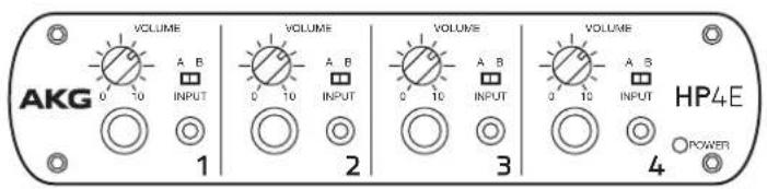 VOLUME A B INPUT 1 VOLUME A B INPUT 2 VOLUME A B INPUT 3 VOLUME A B INPUT 4 POWER AKG HP4E