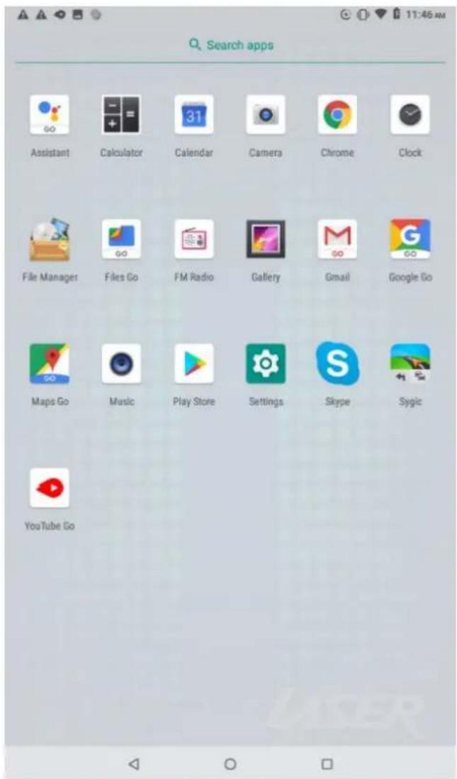 Search apps Assistant Calculator Calendar Camera Chrome Clock File Manager Files Go FM Radio Gallery Gmail Google Go Maps Go Music Play Store Settings Skype Sygic YouTube Go