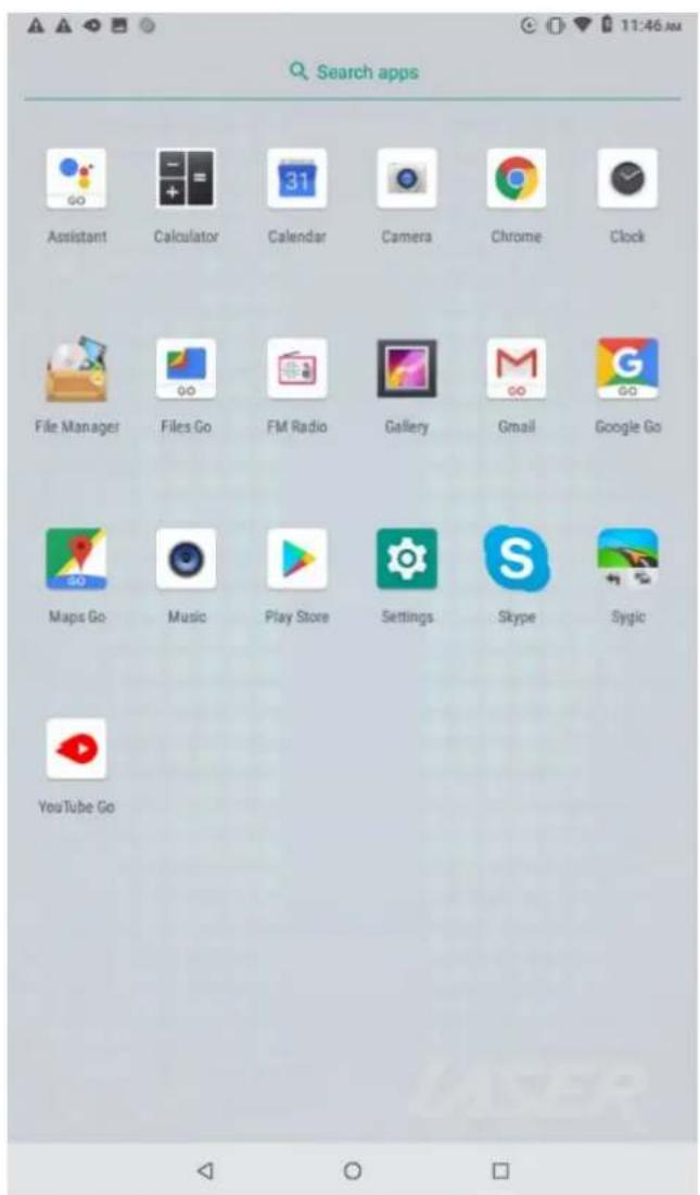 Search apps Assistant Calculator Calendar Camera Chrome Clock File Manager Files Go FM Radio Gallery Gmail Google Go Maps Go Music Play Store Settings Skype Sygic YouTube Go