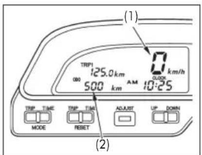 (1) TRPI 00 125.0 km 500 km AM 10:25 00 00 00 00 00 MODE TIME RESET ADJUST UP DOWN (2)