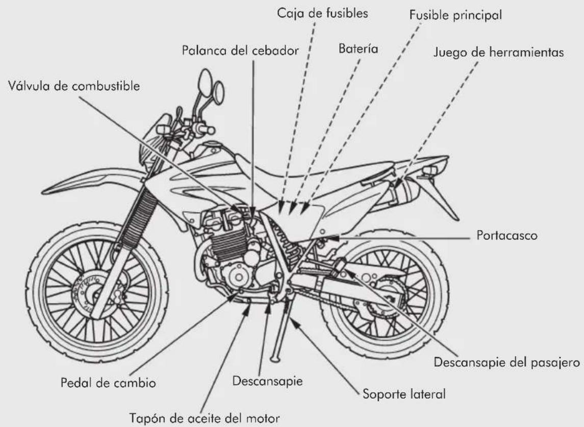 Caja de fusibles Fusible principal Palanca del cebador Batería Juego de herramientas Válvula de combustible Portacasco Descansapie del pasajero Soporte lateral Ponal de cambio Descansapie Tapón de aceite del motor