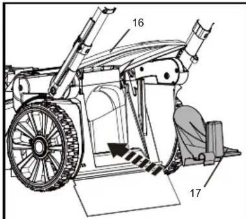 Technical diagram of a cannon with labeled parts 16 and 17, showing mechanical components and structural details.