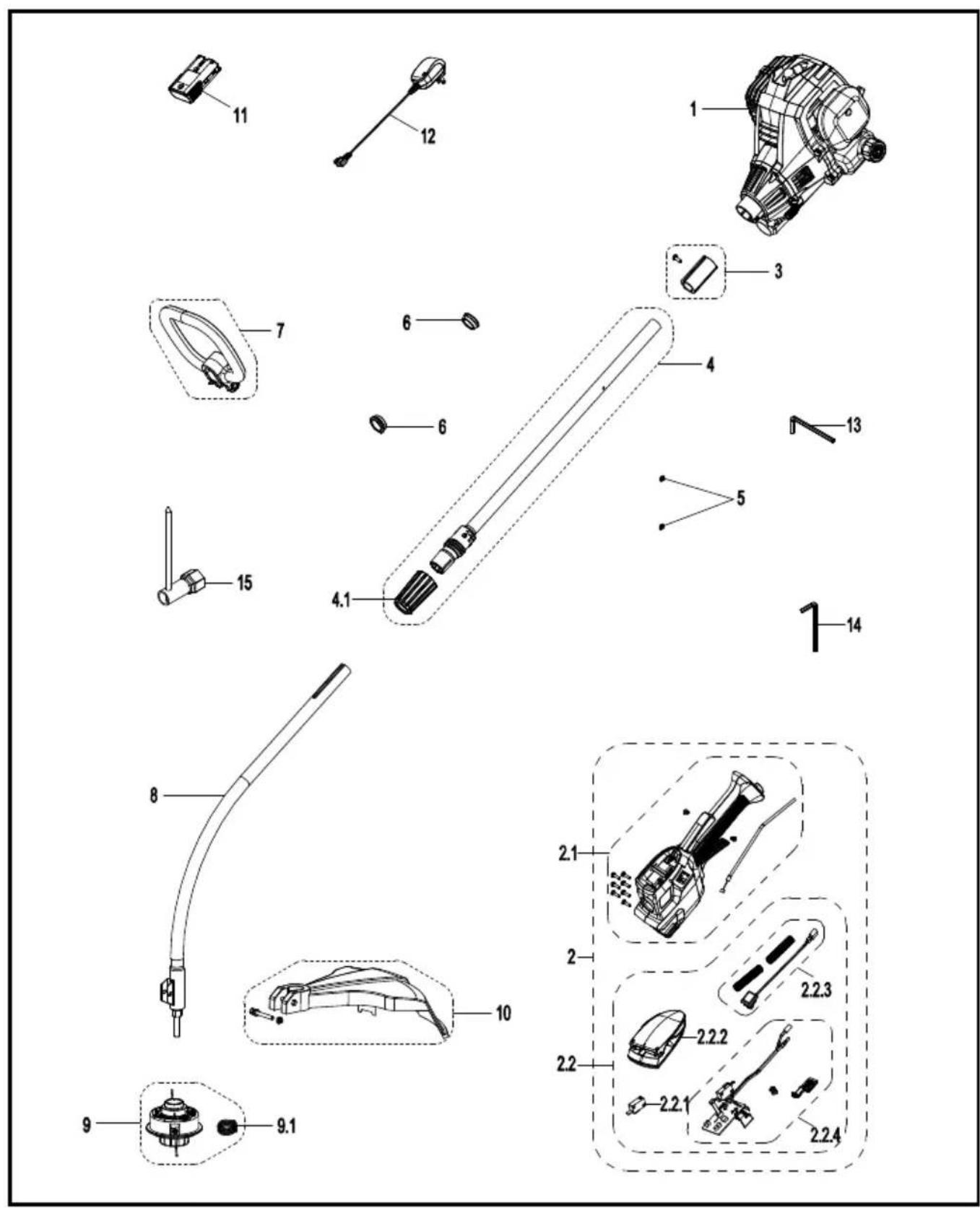 Technical diagram of a mechanical assembly with numbered components and exploded views