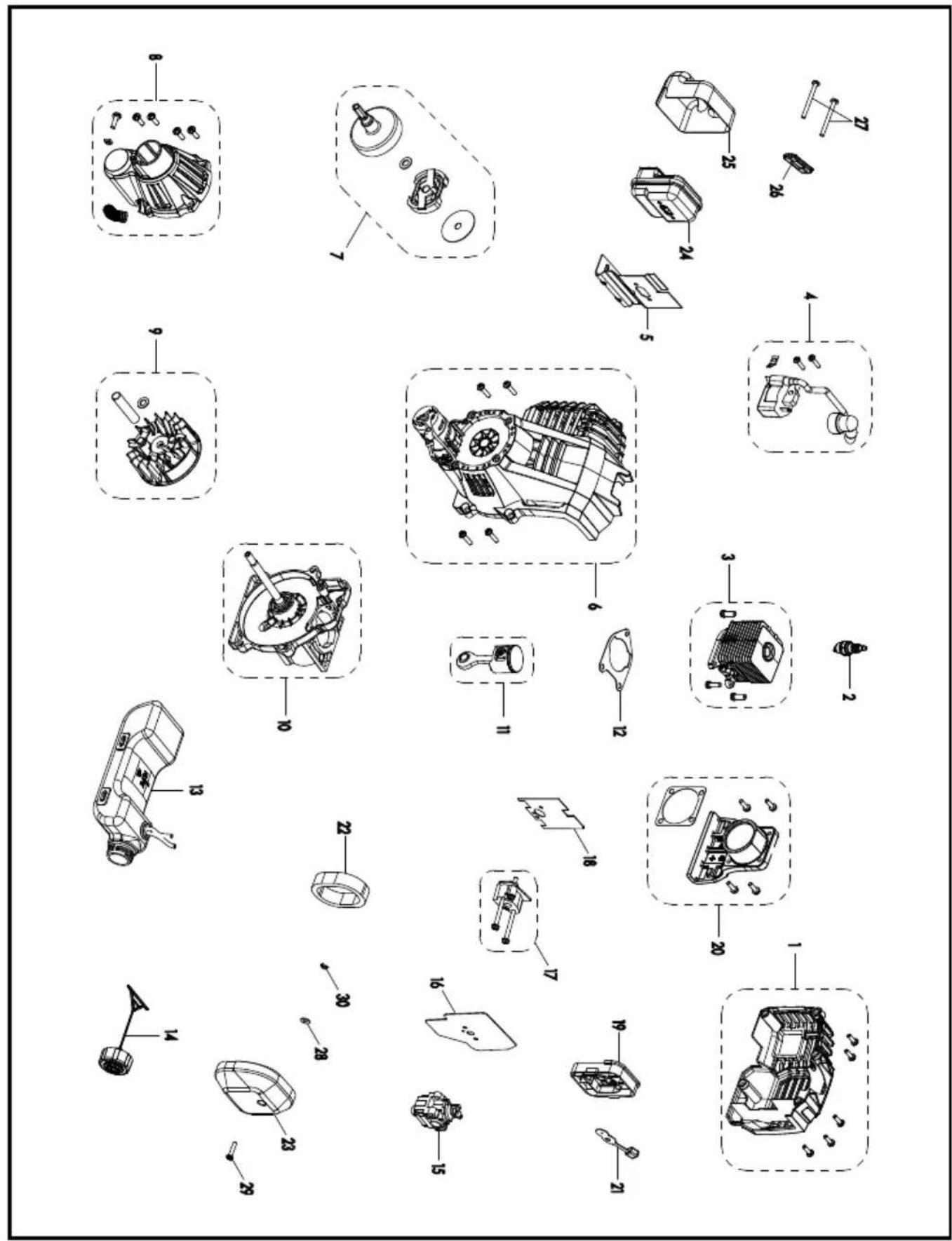 Exploded view diagram of a mechanical assembly with numbered components and exploded views