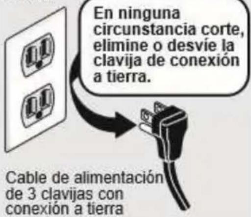 En ninguna circunstancia corte, elimine o desvía la clavija de conexión a tierra. Cable de alimentación de 3 clavijas con conexión a tierra