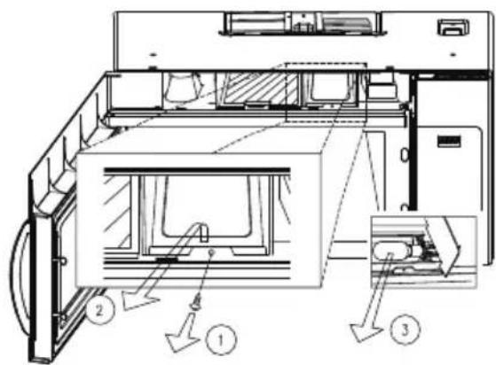 Technical diagram of a microwave oven with labeled components and directional arrows indicating parts of the interior.