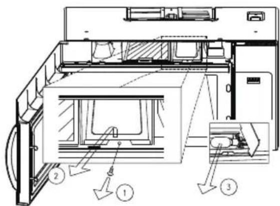 Technical diagram of a microwave oven with labeled components and directional arrows indicating parts of the interior.