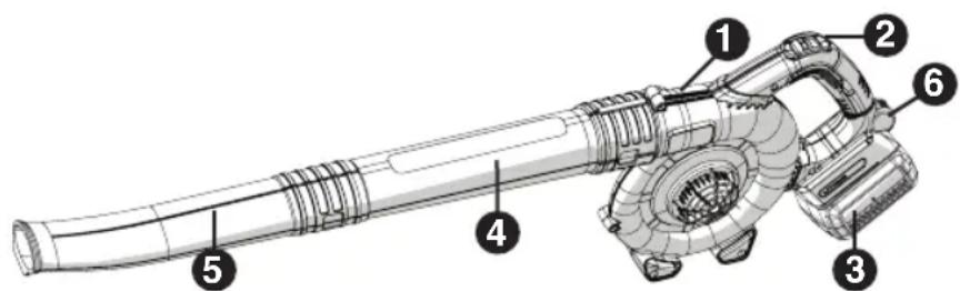 Technical diagram of a hair blower with numbered parts labeled 1 through 6
