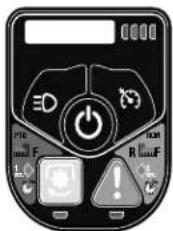 Control panel interface with labeled buttons and display screen, including power, current, and warning icons