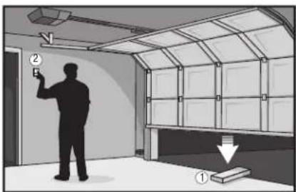 Diagram showing a person installing or adjusting a ceiling structure with numbered components and directional arrows indicating installation or inspection.