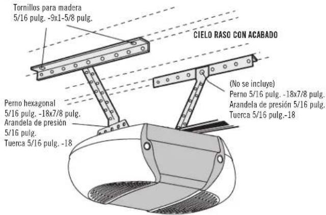 Tornillos para madera 5/16 pulg. -9x1-5/8 pulg. CIELO RASO CON ACABADO Perno hexagonal 5/16 pulg. -18x7/8 pulg. Arandela de presión 5/16 pulg. Tuerca 5/16 pulg. -18 (No se incluye) Perno 5/16 pulg. -18x7/8 pulg. Arandela de presión 5/16 pulg. Tuerca 5/16 pulg.-18