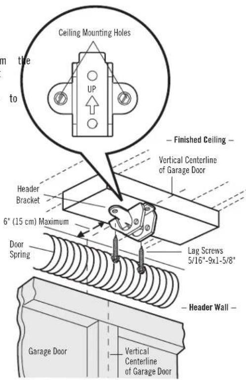 Ceiling Mounting Holes UP Finished Ceiling - Vertical Centerline of Garage Door Header Bracket 6" (15 cm) Maximum Door Spring Lag Screws 5/16"-9x1-5/8" Header Wall - Garage Door Vertical Centerline of Garage Door