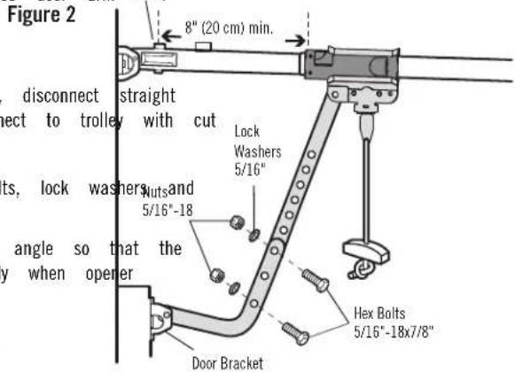 Figure 2 8" (20 cm) min. disconnect straight ect to trolley with cut Lock Washers 5/16" Muts and 5/16"-18" Hex Bolts 5/16"-18x7/8" angle so that the y when opener Door Bracket