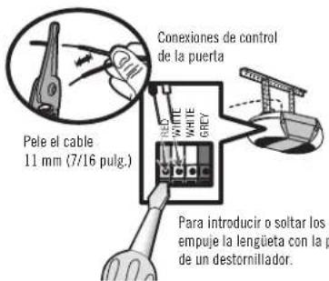 Conexiones de control de la puerta Red WHITE WHITE GRAY Pele el cable 11 mm (7/16 pulg.) Para introducir o soltar los empuje la lengüeta con la p de un destornillador.