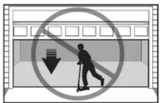 Prohibition sign showing a person on a scooter with a downward arrow and no stop sign, enclosed in a building outline.