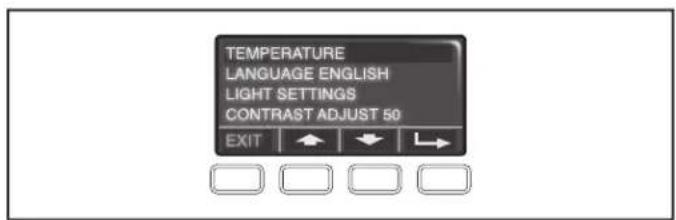 TEMPERATURE LANGUAGE ENGLISH LIGHT SETTINGS CONTRAST ADJUST 50 EXIT