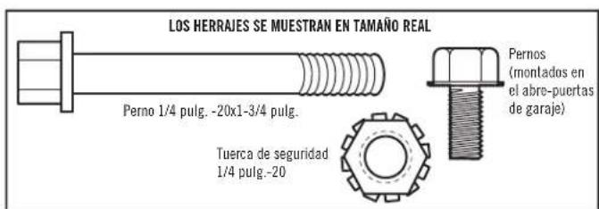 LOS HERRAJES SE MUESTRAN EN TAMAÑO REAL Perno 1/4 pulg. -20x1-3/4 pulg. Tuerca de seguridad 1/4 pulg.-20 Pernos (montados en el abre-puertas de garaje)