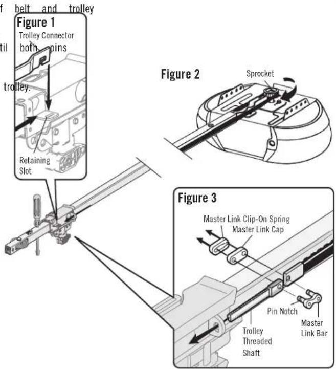 belt and trolley Figure 1 Trolley Connector both pins til trolley. Retaining Slot Figure 2 Sprocket Figure 3 Master Link Clip-On Spring Master Link Cap Pin Notch Trolley Threaded Shaft Master Link Bar