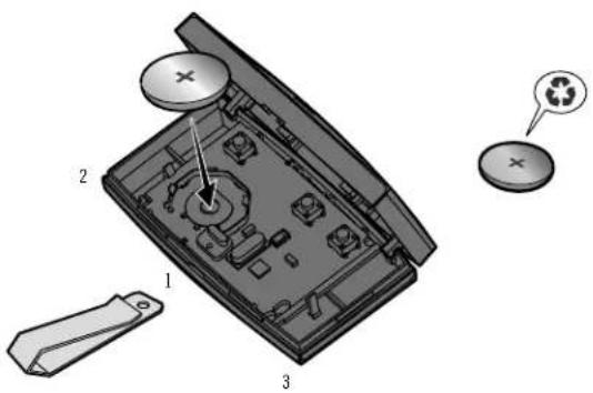 Diagram of a device's internal components with numbered parts and a recycling symbol, likely illustrating a mechanical or electronic assembly.