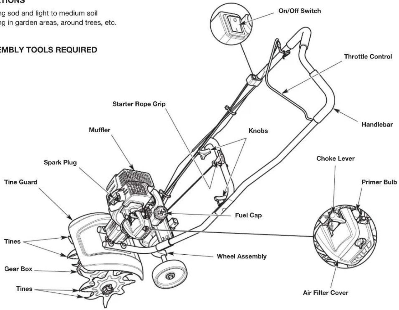 TINOS g sod and light to medium soil ing in garden areas, around trees, etc. MBLY TOOLS REQUIRED On/Off Switch Throttle Control Handlebar Starter Rope Grip Knobs Muffler Spark Plug Tine Guard Fuel Cap Choke Lever Primer Bulb Tines Wheel Assembly Gear Box Air Filter Cover Tines
