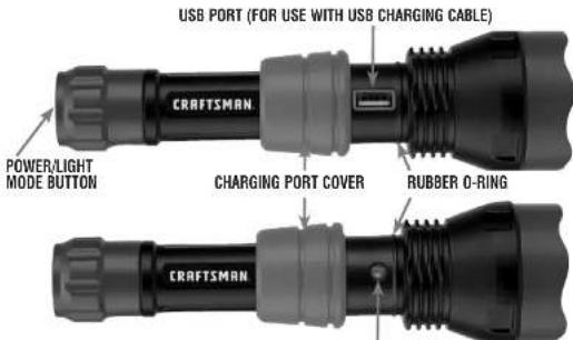 USB PORT (FOR USE WITH USB CHARGING CABLE) CRAFTSMAN POWER/LIGHT MODE BUTTON CHARGING PORT COVER RUBBER D-RING CRAFTSMAN