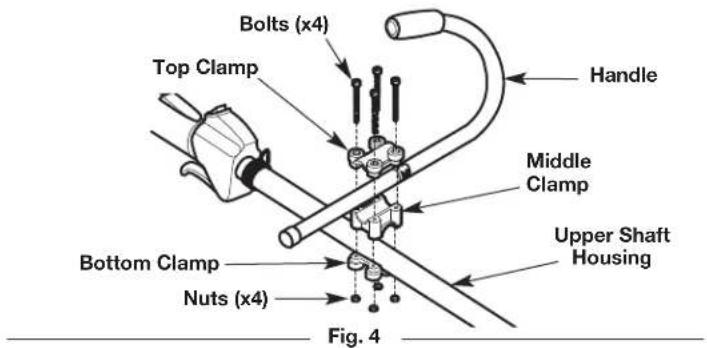 Bolts (x4) Top Clamp Handle Middle Clamp Bottom Clamp Nuts (x4) Upper Shaft Housing Fig. 4