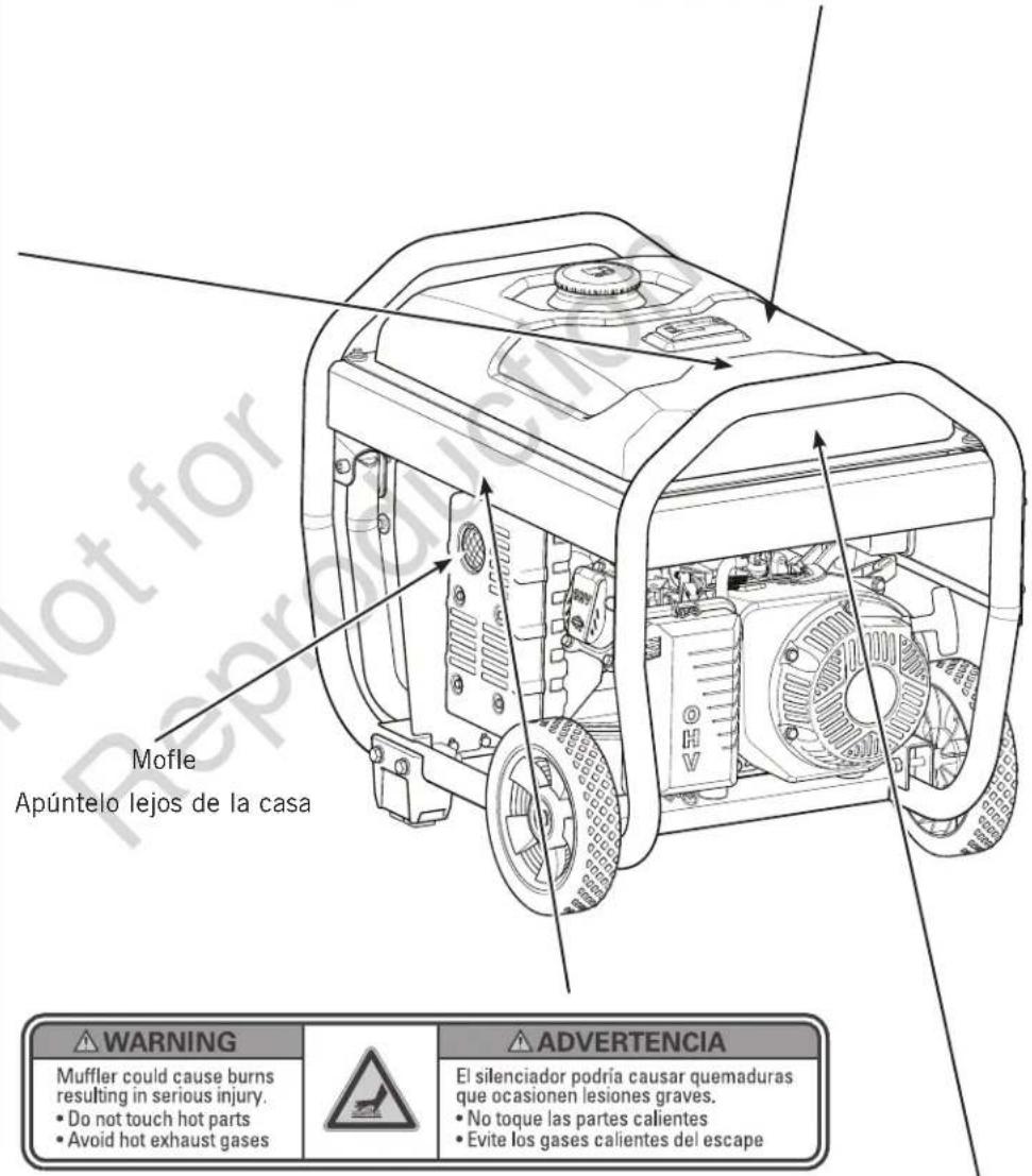 Mofle Apúntelo lejos de la casa WARNING Muffler could cause burns resulting in serious injury. • Do not touch hot parts • Avoid hot exhaust gases ADVERTENCIA El silenciador podría causar quemaduras que ocasionen lesiones graves. • No toque las partes calientes • Evite los gases calientes del escape