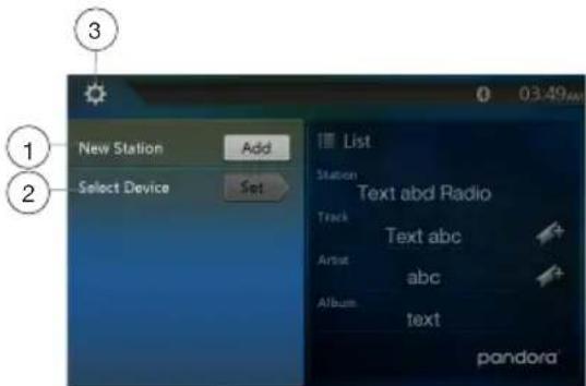 3 1 New Station Add 2 Select Device Set List Station Text abd Radio Track Text abc Artist abc Album text pandora