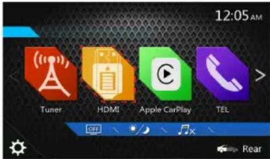 12:05 AM Tuner HDMI Apple CarPlay TEL OFF Rear