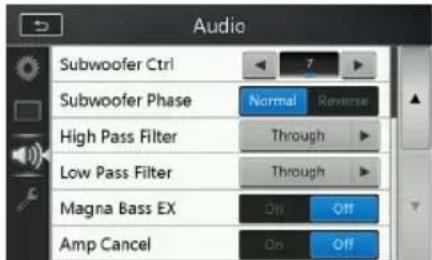 Audio Subwoofer Ctrl Normal Reverse Subwoofer Phase High Pass Filter Through Low Pass Filter Through Magna Bass EX On Off Amp Cancel On Off