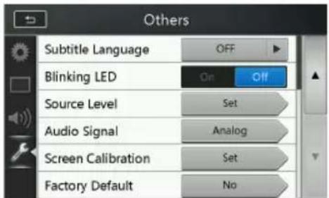 Others Subtitle Language OFF Blinking LED On Off Source Level Set Audio Signal Analog Screen Calibration Set Factory Default No