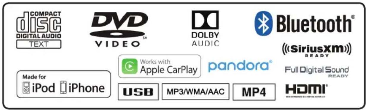 COMPACT DISC DIGITAL AUDIO TEXT DVD VIDEO™ DOLBY AUDIC Bluetooth® ((Siriusxm)) READY) Made for iPod iPhone Works with Apple CarPlay pandora® Full Digital Sound READY USB MP3/WMA/AAC MP4 HDMI® NON-DISSENS ALL/MATernal HYPER