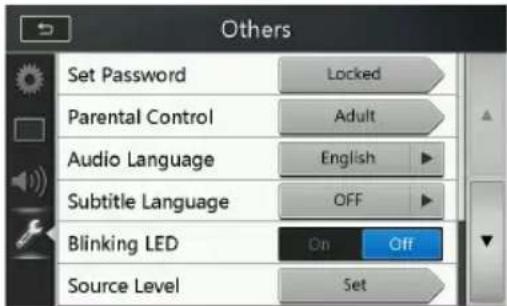 Others Set Password Locked Parental Control Adult Audio Language English Subtitle Language OFF Blinking LED On Off Source Level Set