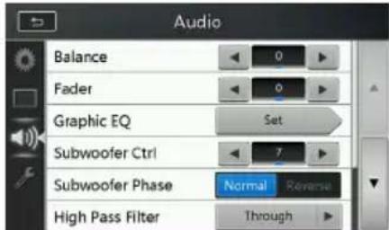 Audio Balance Fader Graphic EQ Set Subwoofer Ctrl Subwoofer Phase Normal Reverse High Pass Filter Through