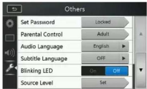 Others Set Password Locked Parental Control Adult Audio Language English Subtitle Language OFF Blinking LED On Off Source Level Set