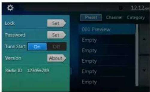 Lock Password Tune Start On Off Version About Radio ID 123456789 001 Preview Empty Empty Empty Empty Empty