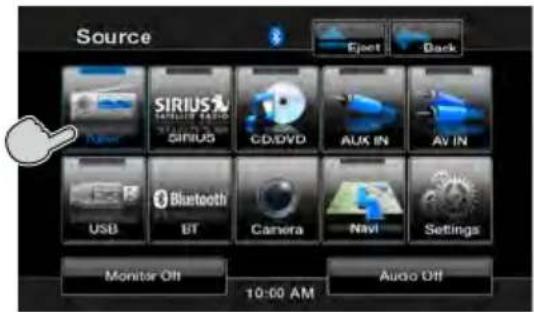 Source Eject Back SIRIUS SIRIUS CD/DVD AUX IN AV IN USB Bluetooth BT Camera Navi Settings Monitor Off 10:00 AM Audio Off