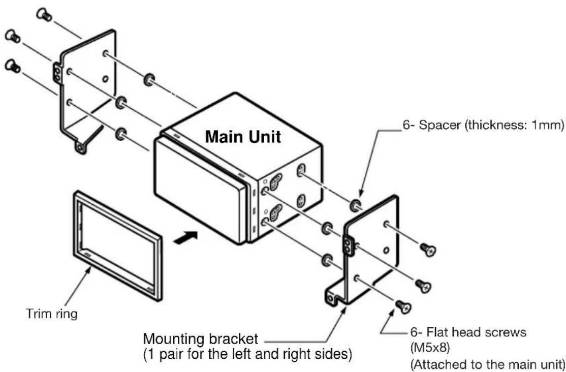 Main Unit 6- Spacer (thickness: 1mm) Trim ring Mounting bracket (1 pair for the left and right sides) 6- Flat head screws (M5x8) (Attached to the main unit)