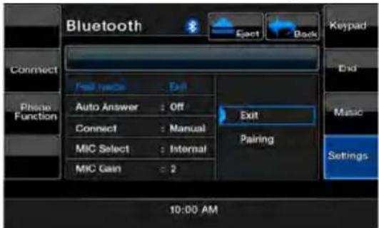 Bluetooth Connect Please Function Full type: Exit Auto Answer : Off Connect : Manual MIC Select : Internal MIC Gain : 2 Exit Pairing Keypad End Music Settings 10:00 AM