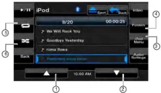 iPod 8/20 00:00:25 We Will Rock You Goodbye Yesterday roma flows Performance once more Back 10:00 AM Audio Settings Folders iPod Menu Video ① ② ③ ④ ⑤ ⑥