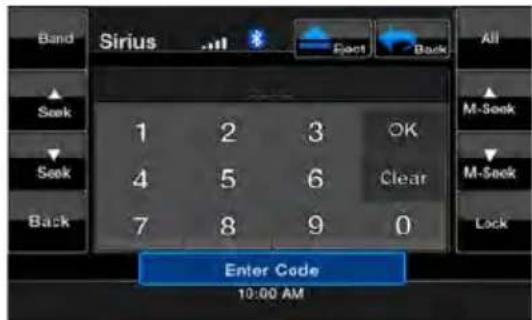 Band Sirius All Seek 1 2 3 OK Seek 4 5 6 Clear Back 7 8 9 0 M-Seek M-Seek Lock Enter Code 10:00 AM