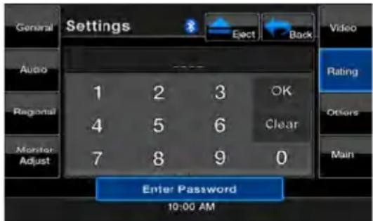 General Settings Audio Regional Monitor Adjust Enter Password 10:00 AM Eect Back Video Rating Others Main