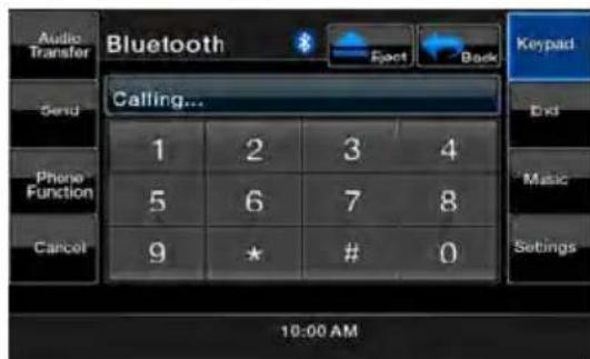 Audio Transfer Bluetooth Send Phone Function Cancel Calling... 1 2 3 4 5 6 7 8 9 * # 0 10:00 AM Keypad Ext Music Settings