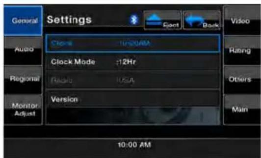 General Settings Clock 10:00 AM Clock Mode :12Hr Radio USA Monitor Adjust Version Video Audio Regional Rating Others Main 10:00 AM