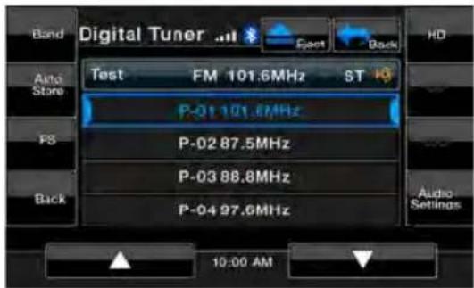 Band Digital Tuner .at $ Auto Store Test FM 101.6MHz ST HD P-01 101.6MHz P-02 87.5MHz P-03 88.8MHz P-04 97.6MHz Back Audio Settings 10:00 AM